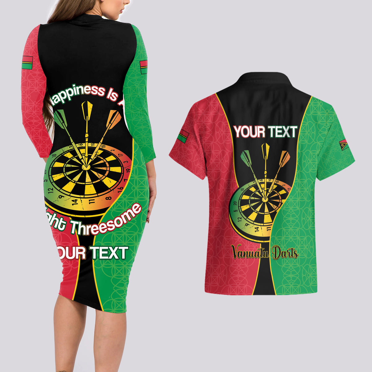 Personalised Vanuatu Darts Couples Matching Long Sleeve Bodycon Dress and Hawaiian Shirt Happiness Is A Tight Threesome Sand Drawing Art LT14 - Polynesian Pride