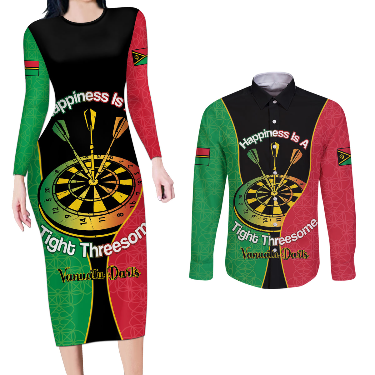 Personalised Vanuatu Darts Couples Matching Long Sleeve Bodycon Dress and Long Sleeve Button Shirt Happiness Is A Tight Threesome Sand Drawing Art LT14 Red - Polynesian Pride