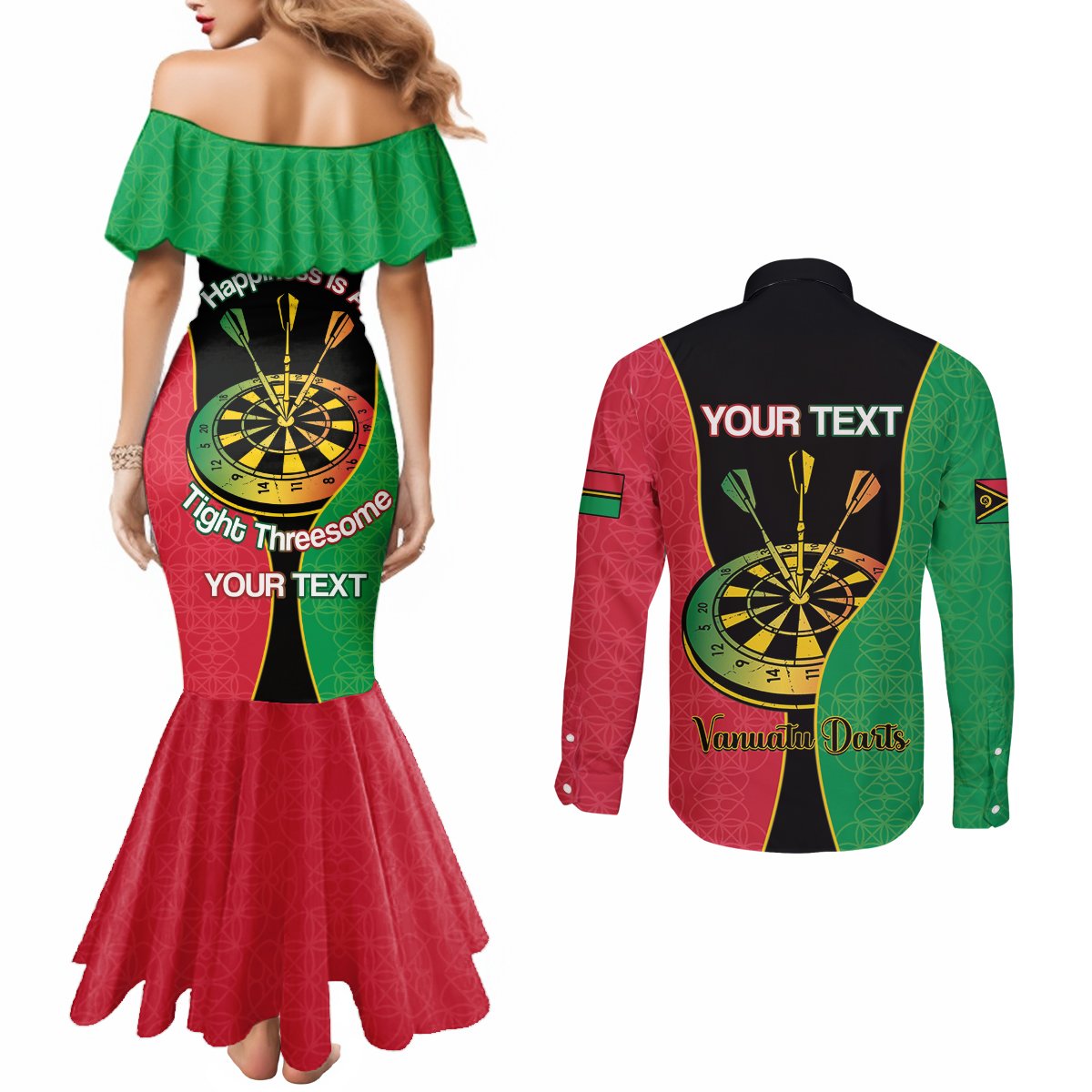 Personalised Vanuatu Darts Couples Matching Mermaid Dress and Long Sleeve Button Shirt Happiness Is A Tight Threesome Sand Drawing Art LT14 - Polynesian Pride
