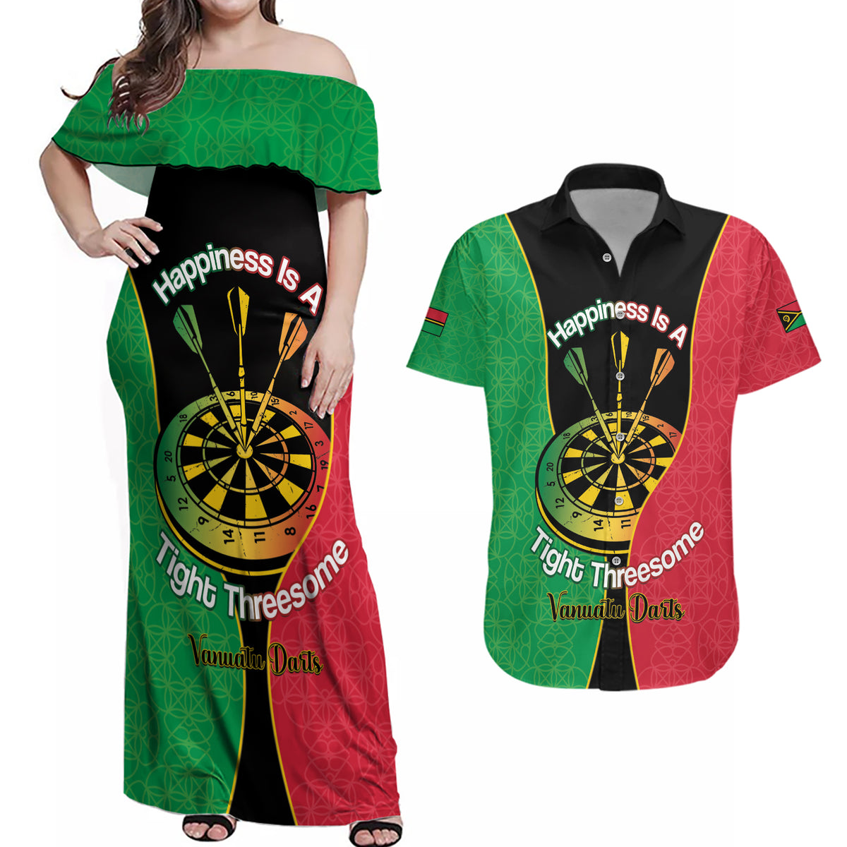 Personalised Vanuatu Darts Couples Matching Off Shoulder Maxi Dress and Hawaiian Shirt Happiness Is A Tight Threesome Sand Drawing Art LT14 Red - Polynesian Pride