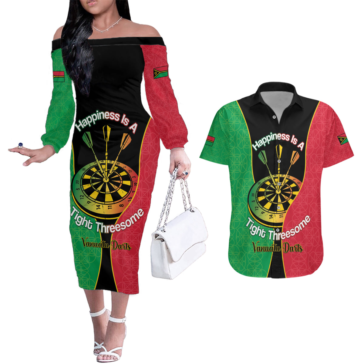 Personalised Vanuatu Darts Couples Matching Off The Shoulder Long Sleeve Dress and Hawaiian Shirt Happiness Is A Tight Threesome Sand Drawing Art LT14 Red - Polynesian Pride