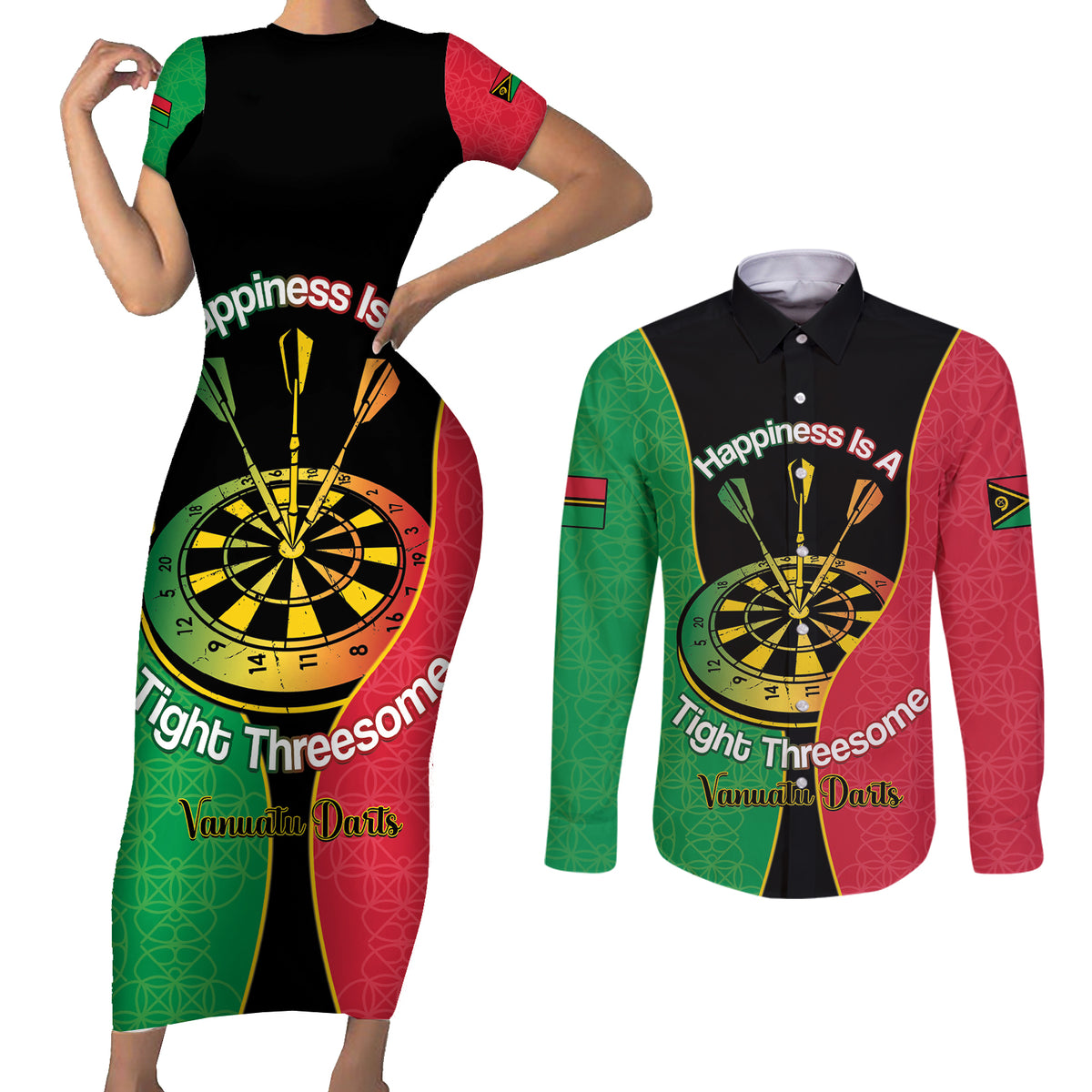 Personalised Vanuatu Darts Couples Matching Short Sleeve Bodycon Dress and Long Sleeve Button Shirt Happiness Is A Tight Threesome Sand Drawing Art LT14 Red - Polynesian Pride