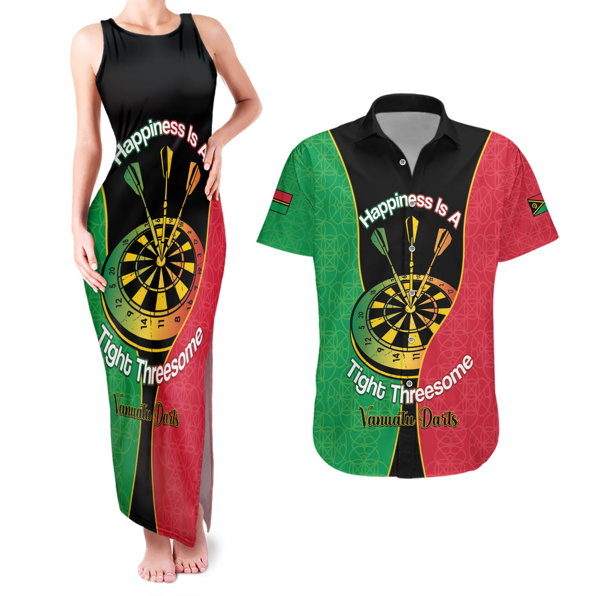 Personalised Vanuatu Darts Couples Matching Tank Maxi Dress and Hawaiian Shirt Happiness Is A Tight Threesome Sand Drawing Art LT14 Red - Polynesian Pride