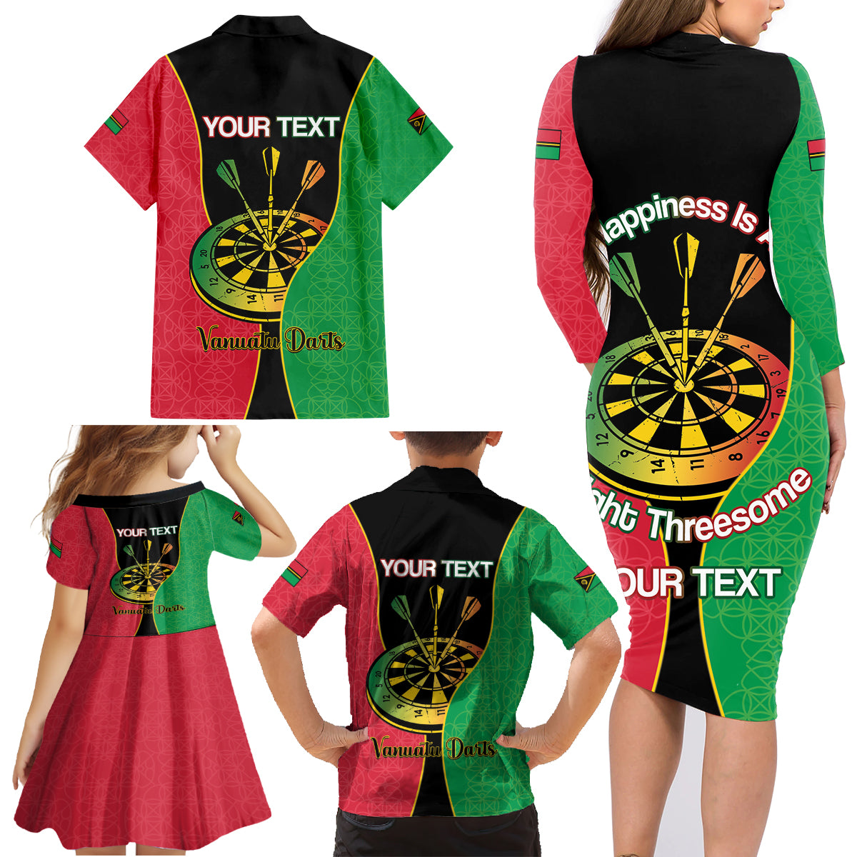Personalised Vanuatu Darts Family Matching Long Sleeve Bodycon Dress and Hawaiian Shirt Happiness Is A Tight Threesome Sand Drawing Art LT14 - Polynesian Pride