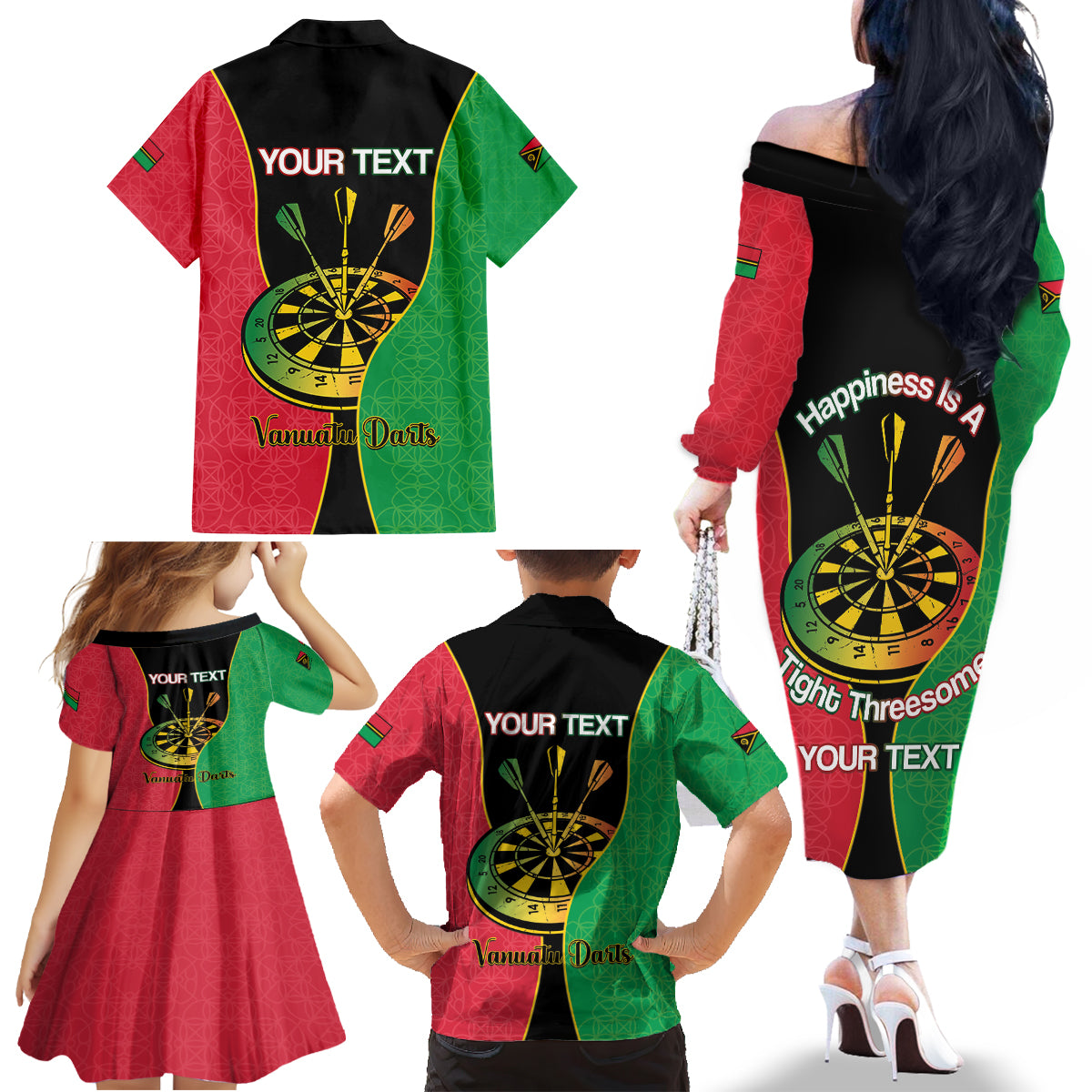Personalised Vanuatu Darts Family Matching Off The Shoulder Long Sleeve Dress and Hawaiian Shirt Happiness Is A Tight Threesome Sand Drawing Art LT14 - Polynesian Pride