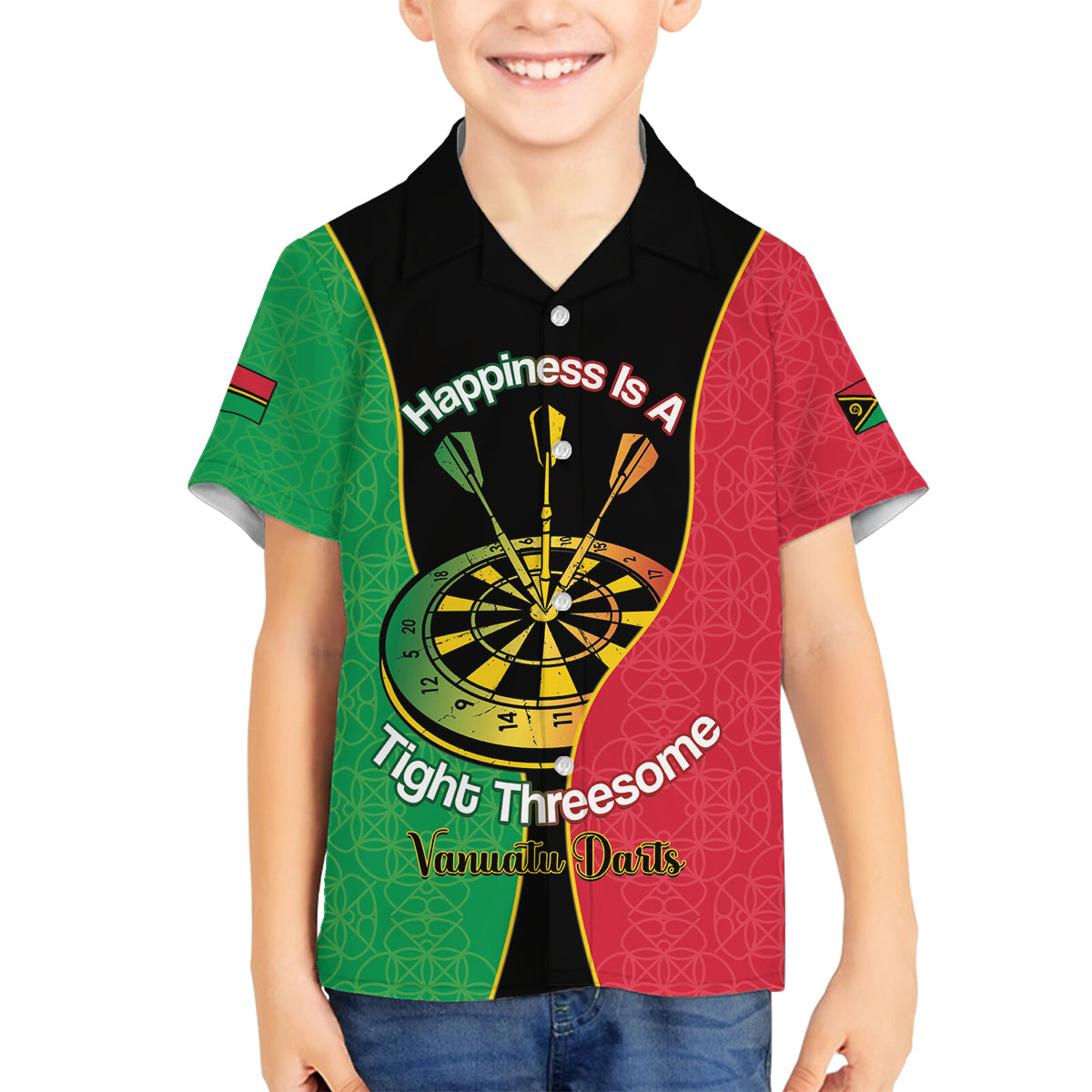 Personalised Vanuatu Darts Family Matching Off Shoulder Maxi Dress and Hawaiian Shirt Happiness Is A Tight Threesome Sand Drawing Art LT14 Son's Shirt Red - Polynesian Pride