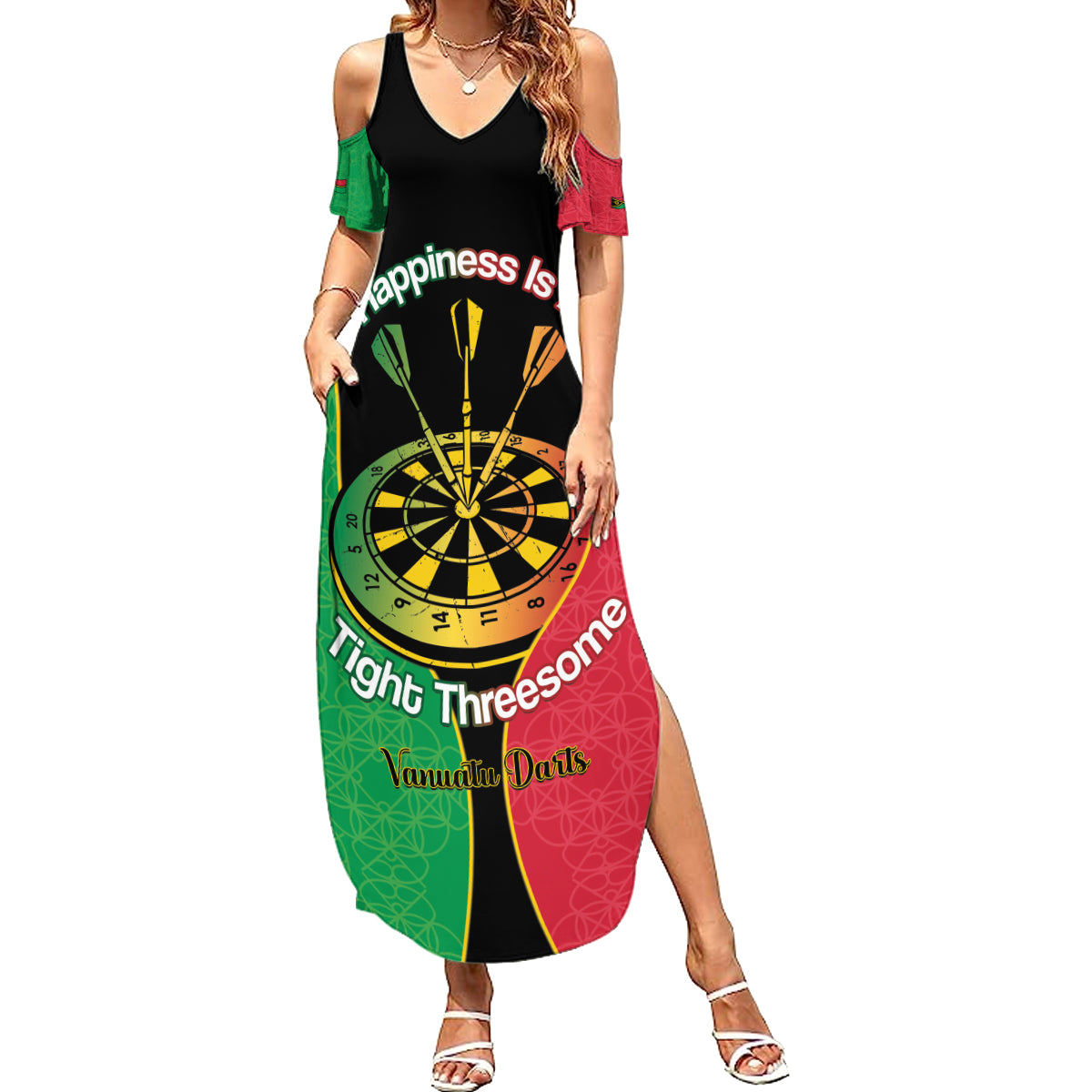 Personalised Vanuatu Darts Family Matching Summer Maxi Dress and Hawaiian Shirt Happiness Is A Tight Threesome Sand Drawing Art LT14 Mom's Dress Red - Polynesian Pride
