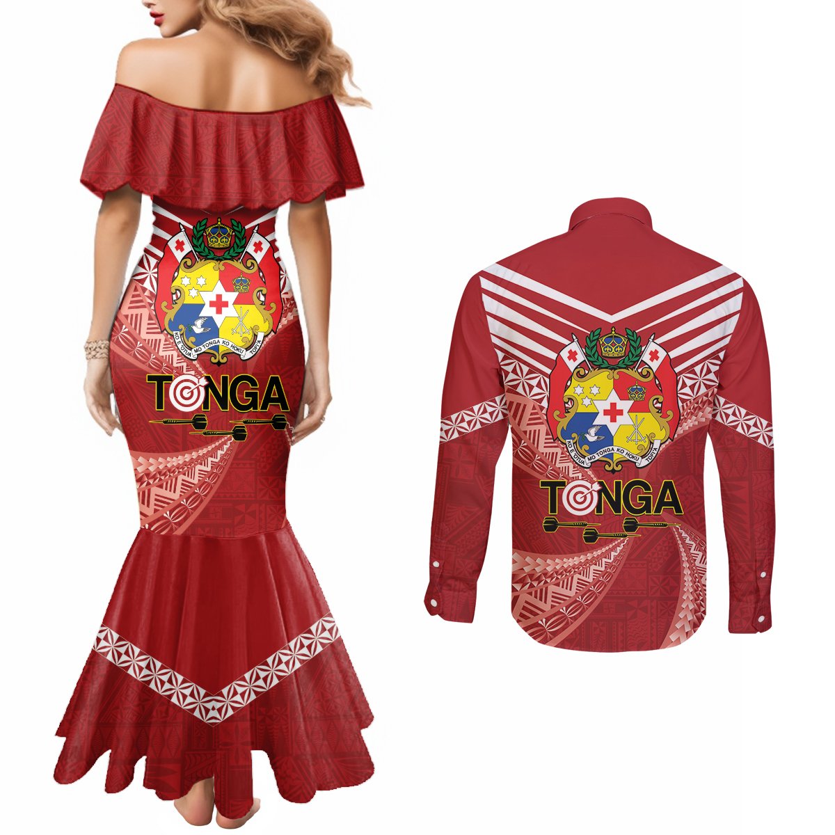 Tonga Darts Couples Matching Mermaid Dress and Long Sleeve Button Shirt Tongan Ngatu Pattern
