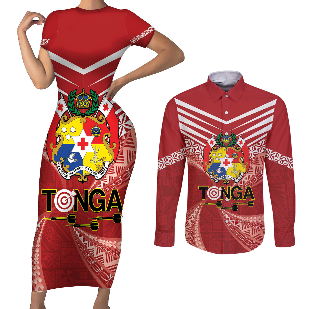 Tonga Darts Couples Matching Short Sleeve Bodycon Dress and Long Sleeve Button Shirt Tongan Ngatu Pattern LT14 Red - Polynesian Pride
