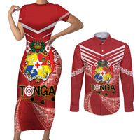 Tonga Darts Couples Matching Short Sleeve Bodycon Dress and Long Sleeve Button Shirt Tongan Ngatu Pattern LT14 Red - Polynesian Pride