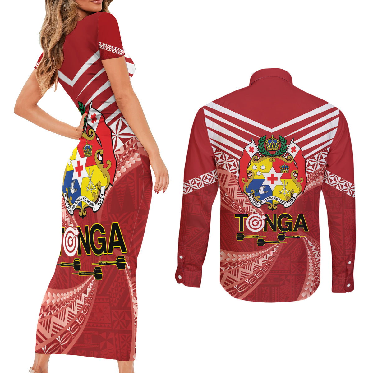 Tonga Darts Couples Matching Short Sleeve Bodycon Dress and Long Sleeve Button Shirt Tongan Ngatu Pattern LT14 - Polynesian Pride