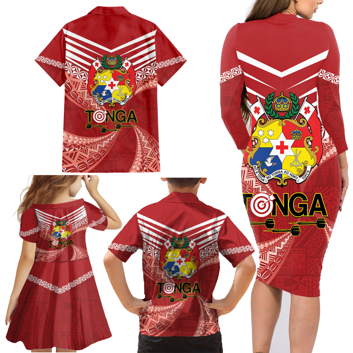 Tonga Darts Family Matching Long Sleeve Bodycon Dress and Hawaiian Shirt Tongan Ngatu Pattern LT14 - Polynesian Pride