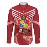 Tonga Darts Family Matching Long Sleeve Bodycon Dress and Hawaiian Shirt Tongan Ngatu Pattern LT14 Dad's Shirt - Long Sleeve Red - Polynesian Pride