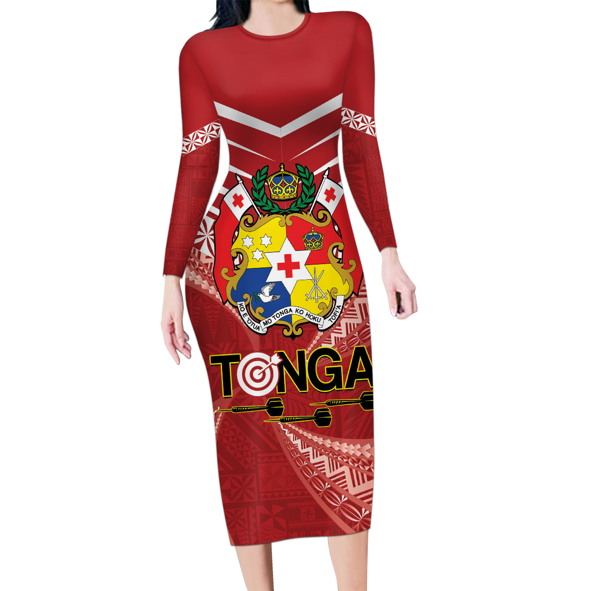 Tonga Darts Family Matching Long Sleeve Bodycon Dress and Hawaiian Shirt Tongan Ngatu Pattern LT14 Mom's Dress Red - Polynesian Pride