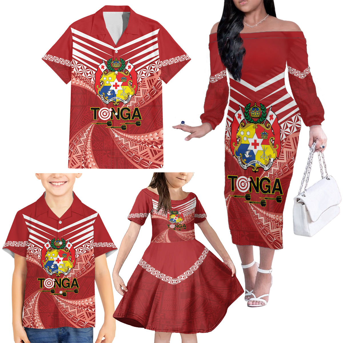 Tonga Darts Family Matching Off The Shoulder Long Sleeve Dress and Hawaiian Shirt Tongan Ngatu Pattern LT14 - Polynesian Pride