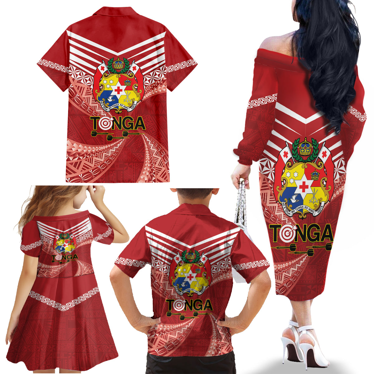 Tonga Darts Family Matching Off The Shoulder Long Sleeve Dress and Hawaiian Shirt Tongan Ngatu Pattern LT14 - Polynesian Pride