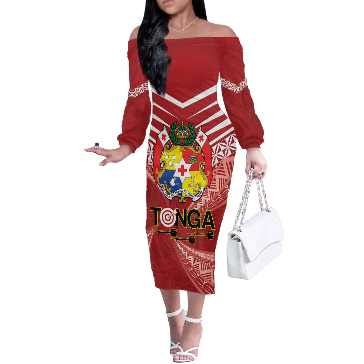 Tonga Darts Family Matching Off The Shoulder Long Sleeve Dress and Hawaiian Shirt Tongan Ngatu Pattern LT14 Mom's Dress Red - Polynesian Pride