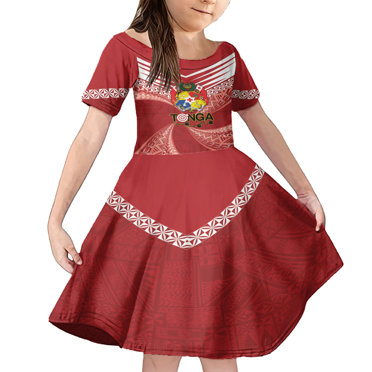 Tonga Darts Family Matching Off Shoulder Short Dress and Hawaiian Shirt Tongan Ngatu Pattern LT14 Daughter's Dress Red - Polynesian Pride