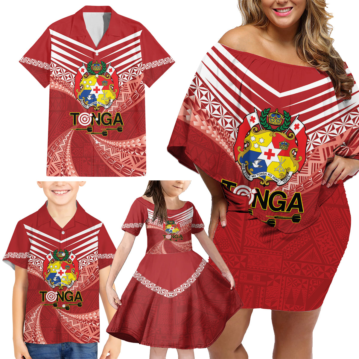 Tonga Darts Family Matching Off Shoulder Short Dress and Hawaiian Shirt Tongan Ngatu Pattern LT14 - Polynesian Pride