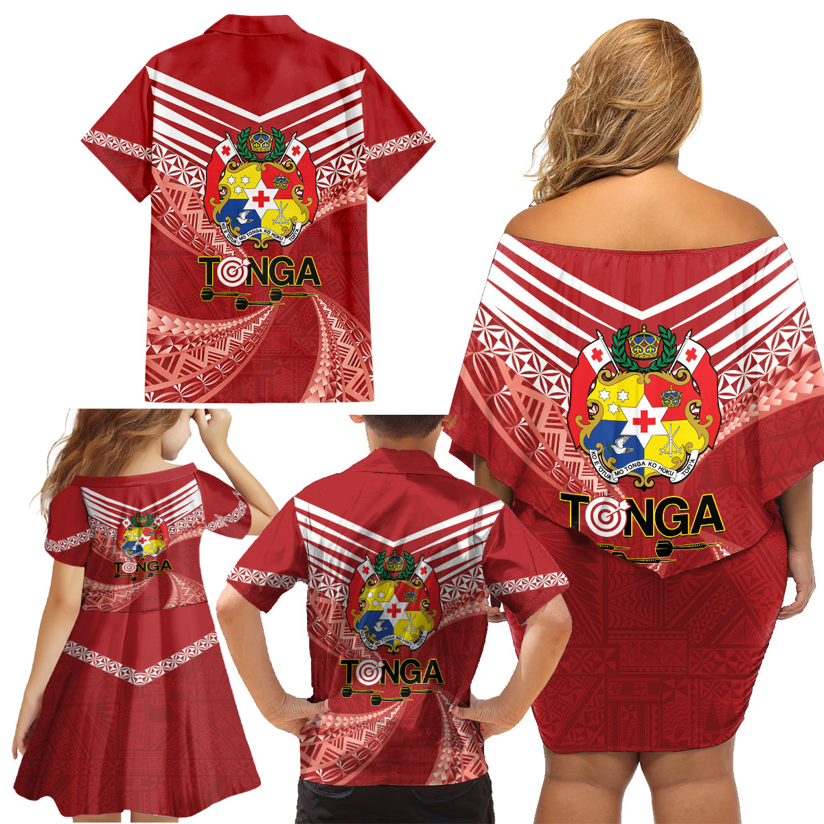 Tonga Darts Family Matching Off Shoulder Short Dress and Hawaiian Shirt Tongan Ngatu Pattern LT14 - Polynesian Pride