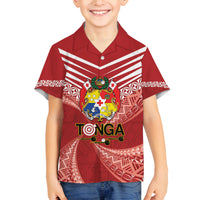 Tonga Darts Family Matching Off Shoulder Short Dress and Hawaiian Shirt Tongan Ngatu Pattern LT14 Son's Shirt Red - Polynesian Pride