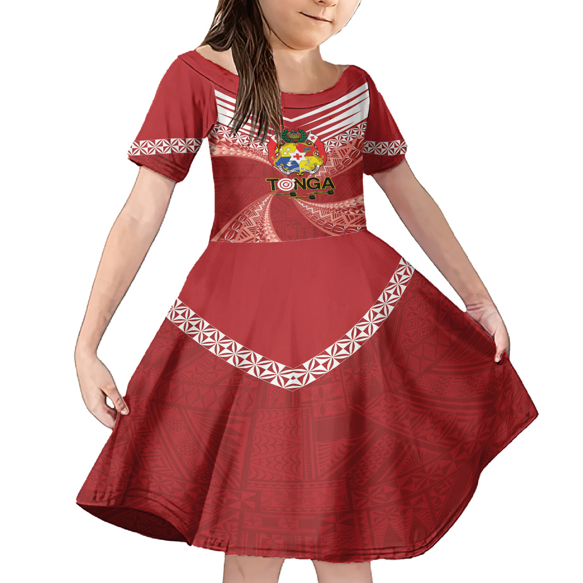 Tonga Darts Family Matching Short Sleeve Bodycon Dress and Hawaiian Shirt Tongan Ngatu Pattern LT14 Daughter's Dress Red - Polynesian Pride
