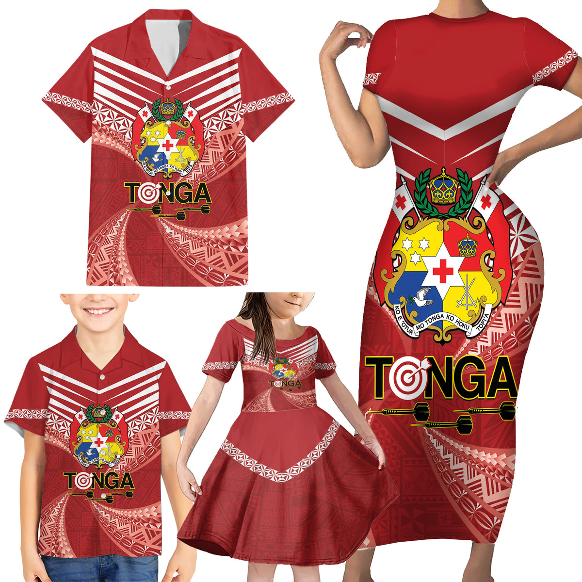 Tonga Darts Family Matching Short Sleeve Bodycon Dress and Hawaiian Shirt Tongan Ngatu Pattern LT14 - Polynesian Pride