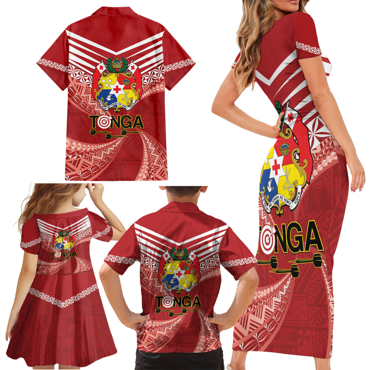 Tonga Darts Family Matching Short Sleeve Bodycon Dress and Hawaiian Shirt Tongan Ngatu Pattern LT14 - Polynesian Pride