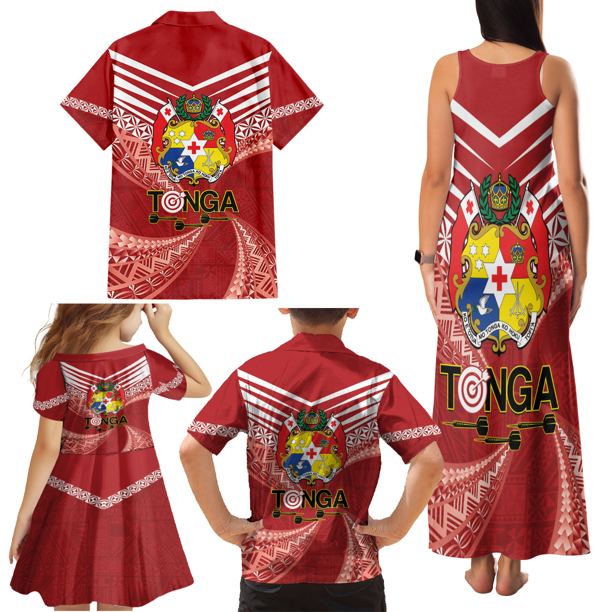 Tonga Darts Family Matching Tank Maxi Dress and Hawaiian Shirt Tongan Ngatu Pattern LT14 - Polynesian Pride