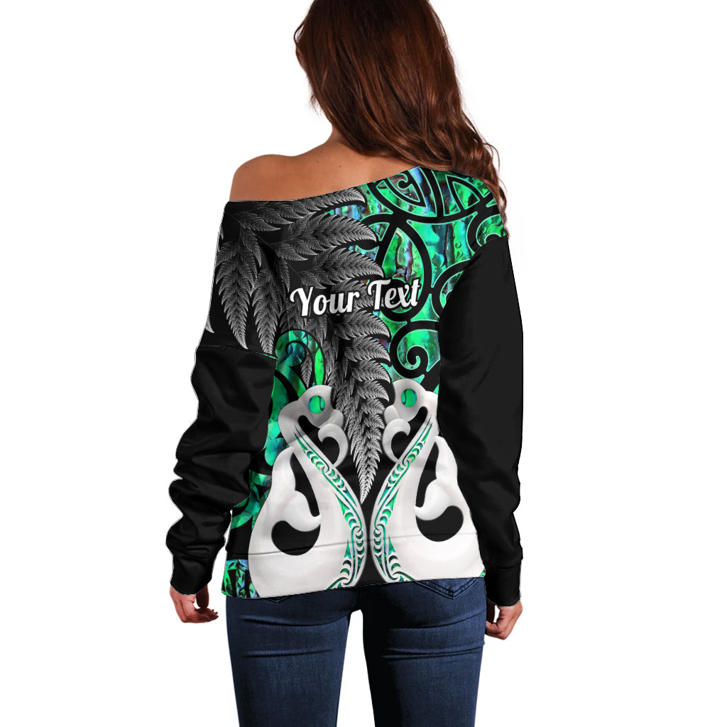 Personalised New Zealand Off Shoulder Sweater Te Manaia Mangopare Maori And Fern Green Style LT14 - Polynesian Pride