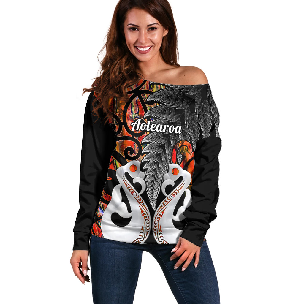 Personalised New Zealand Off Shoulder Sweater Te Manaia Mangopare Maori And Fern Orange Style LT14 Women Orange - Polynesian Pride