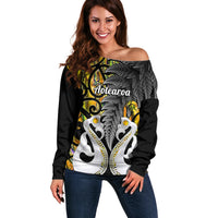 Personalised New Zealand Off Shoulder Sweater Te Manaia Mangopare Maori And Fern Gold Style LT14 Women Gold - Polynesian Pride