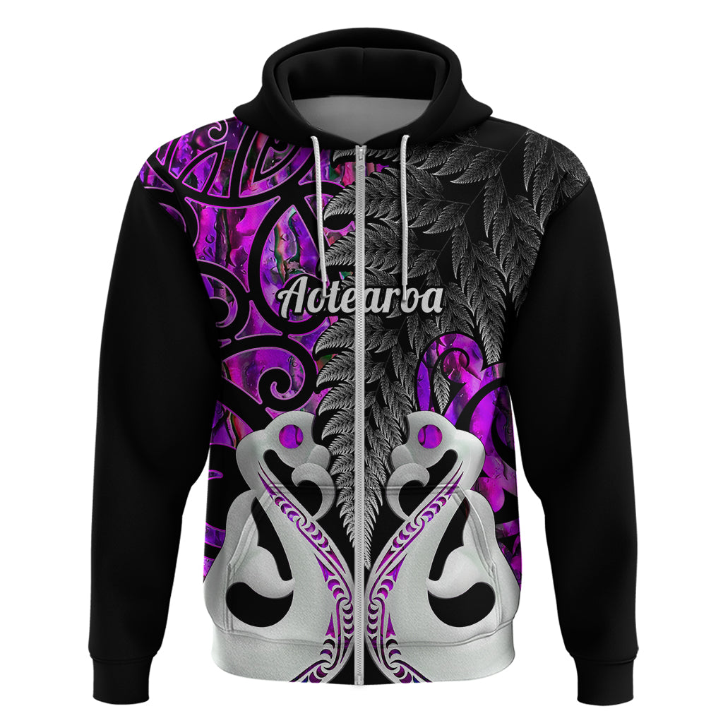 Custom New Zealand Hoodie Te Manaia Mangopare Maori and Fern Purple Style LT14 Zip Hoodie Purple - Polynesian Pride