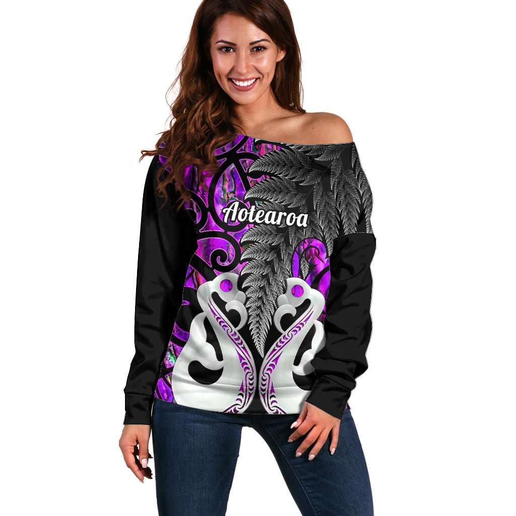Personalised New Zealand Off Shoulder Sweater Te Manaia Mangopare Maori And Fern Purple Style LT14 Women Purple - Polynesian Pride