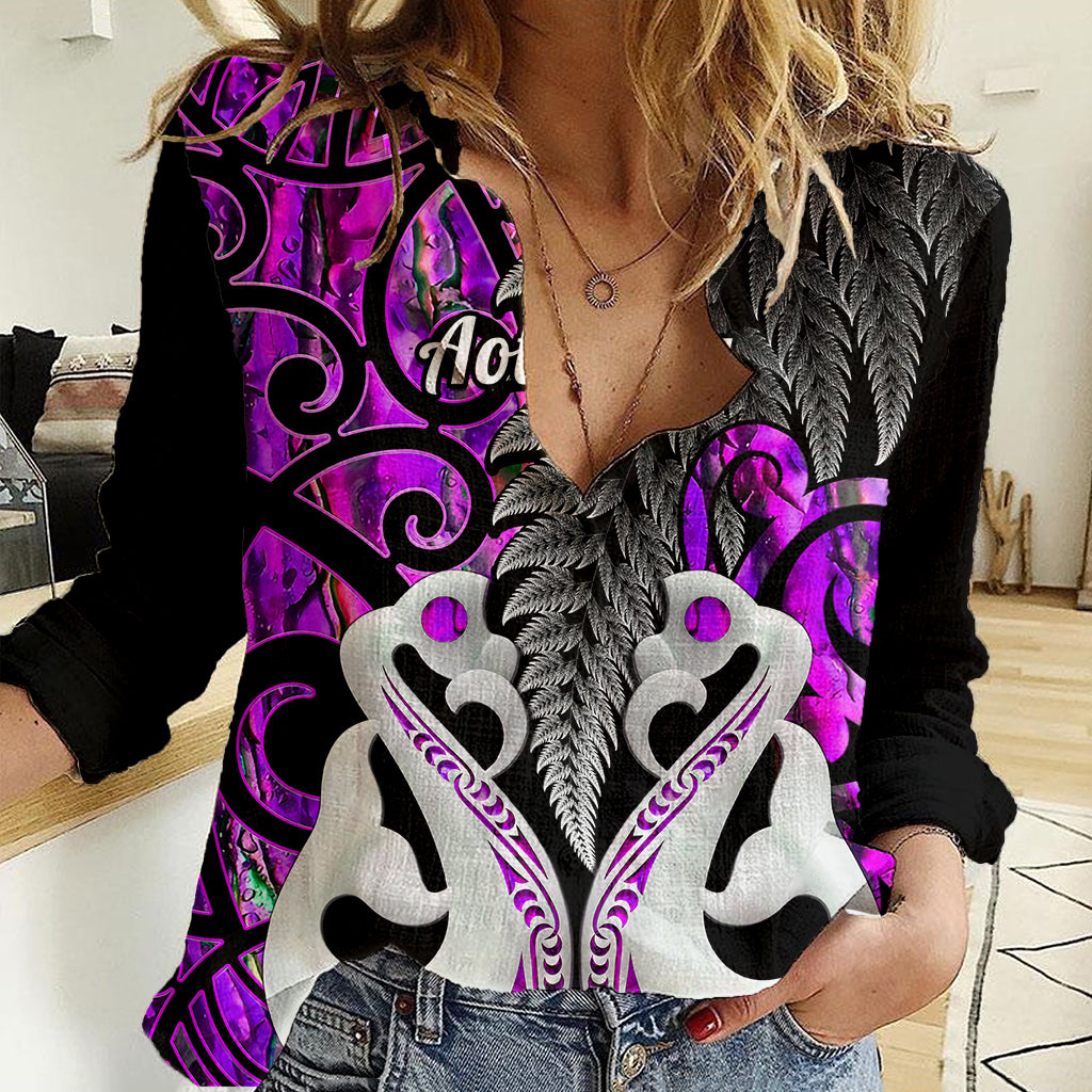 Personalised New Zealand Women Casual Shirt Te Manaia Mangopare Maori And Fern Purple Style LT14 Female Purple - Polynesian Pride