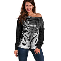 Personalised New Zealand Off Shoulder Sweater Te Manaia Mangopare Maori And Fern Black Style LT14 Women Black - Polynesian Pride