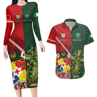 Custom Tonga And Ireland Rugby Couples Matching Long Sleeve Bodycon Dress and Hawaiian Shirt Ikale Tahi With Shamrocks LT14 Red - Polynesian Pride