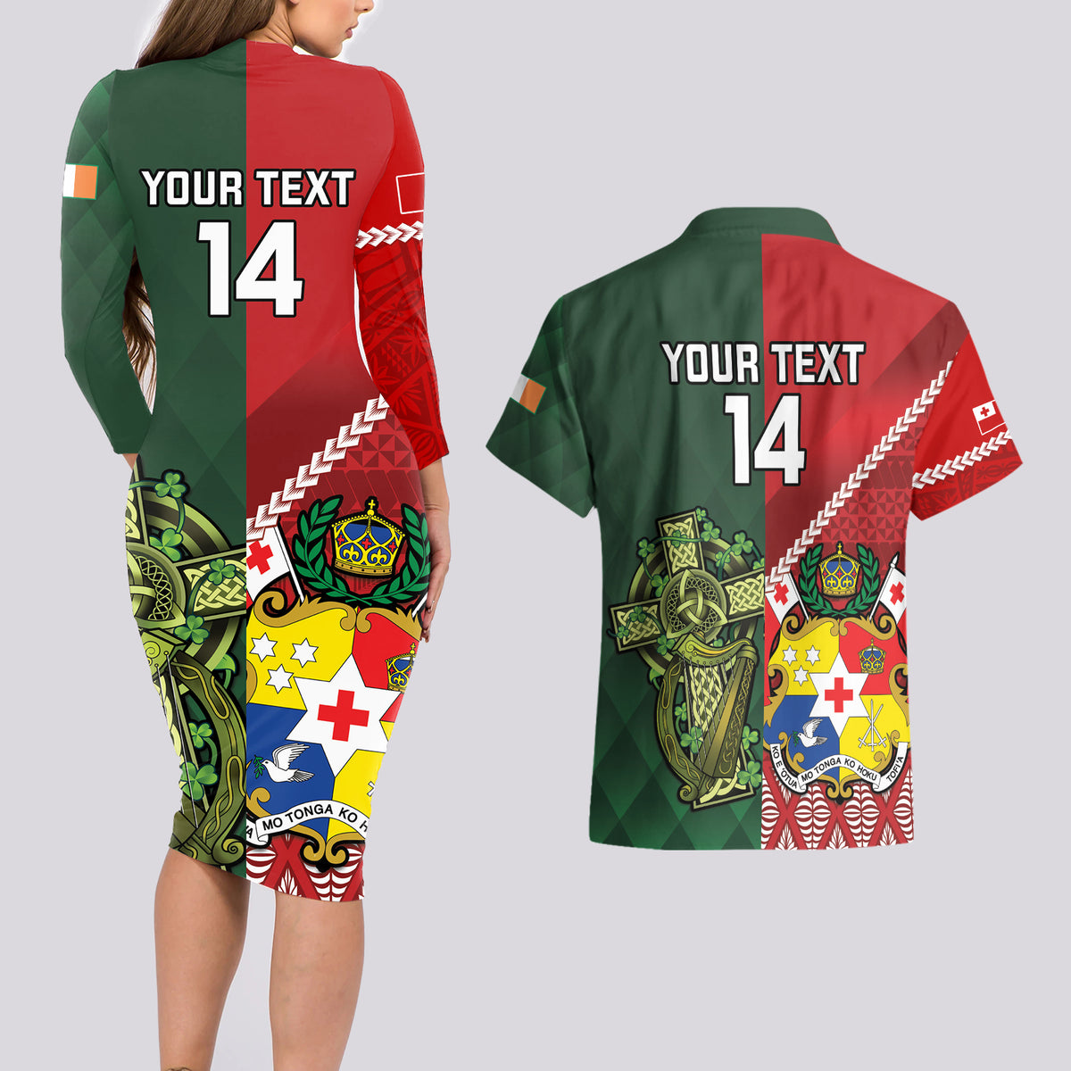 Custom Tonga And Ireland Rugby Couples Matching Long Sleeve Bodycon Dress and Hawaiian Shirt Ikale Tahi With Shamrocks LT14 - Polynesian Pride