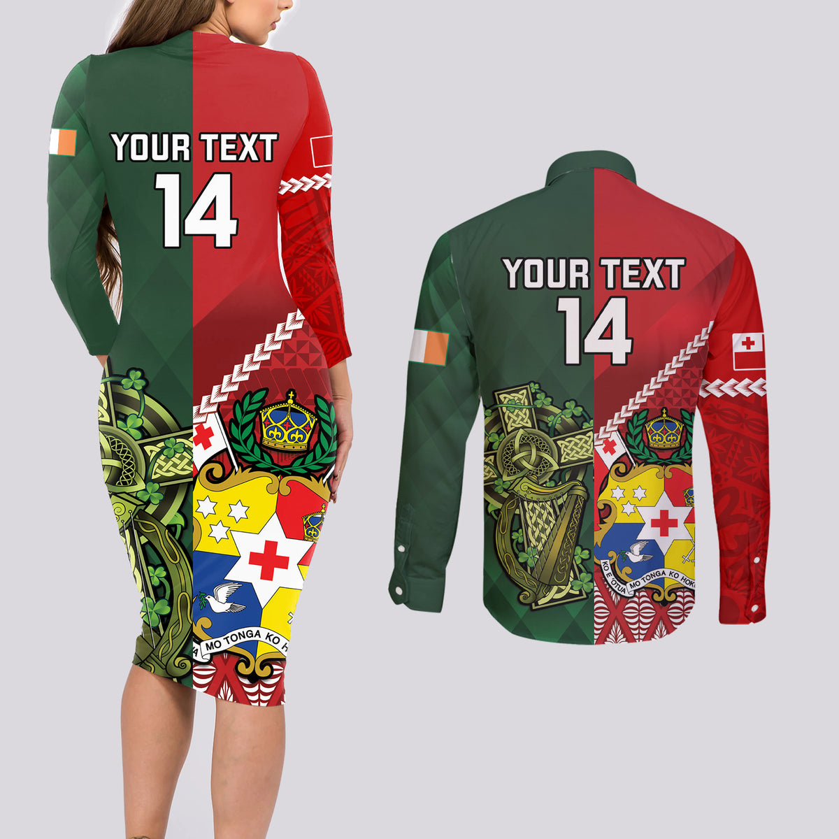 Custom Tonga And Ireland Rugby Couples Matching Long Sleeve Bodycon Dress and Long Sleeve Button Shirt Ikale Tahi With Shamrocks LT14 - Polynesian Pride