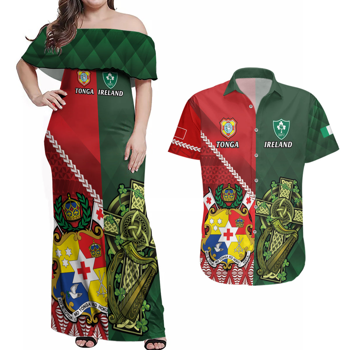 Custom Tonga And Ireland Rugby Couples Matching Off Shoulder Maxi Dress and Hawaiian Shirt Ikale Tahi With Shamrocks LT14 Red - Polynesian Pride