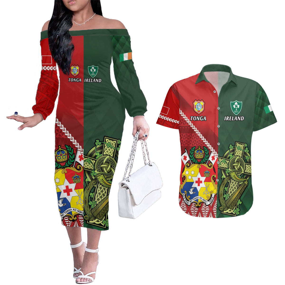 Custom Tonga And Ireland Rugby Couples Matching Off The Shoulder Long Sleeve Dress and Hawaiian Shirt Ikale Tahi With Shamrocks LT14 Red - Polynesian Pride