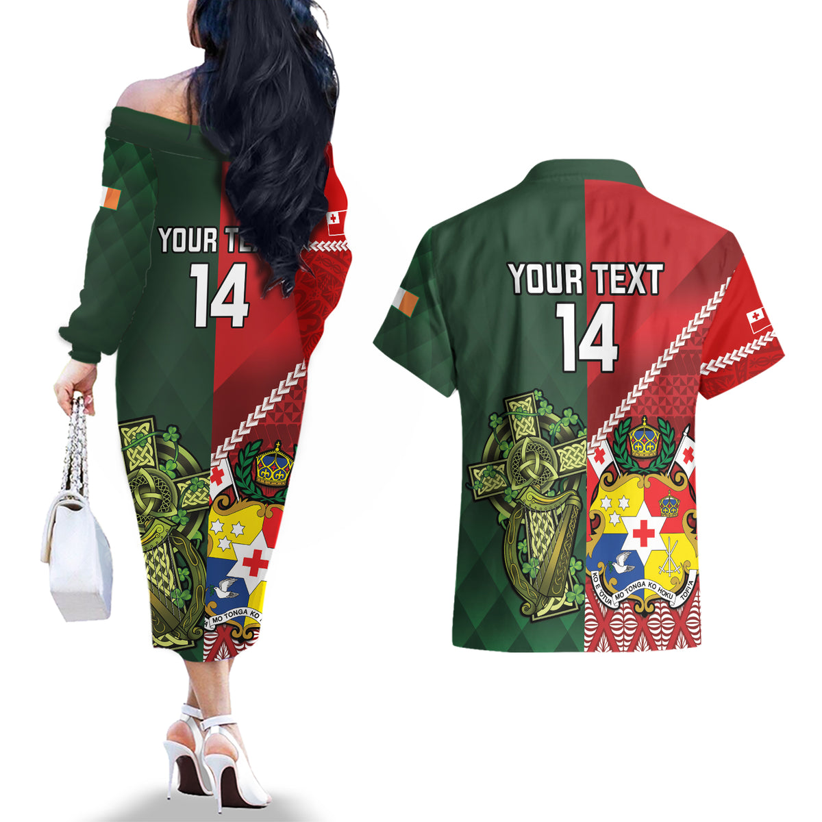 Custom Tonga And Ireland Rugby Couples Matching Off The Shoulder Long Sleeve Dress and Hawaiian Shirt Ikale Tahi With Shamrocks LT14 - Polynesian Pride