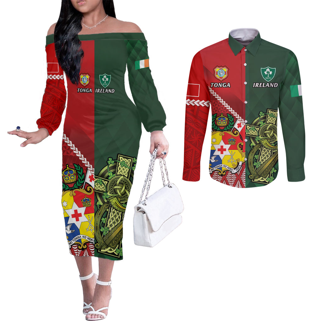 Custom Tonga And Ireland Rugby Couples Matching Off The Shoulder Long Sleeve Dress and Long Sleeve Button Shirt Ikale Tahi With Shamrocks LT14 Red - Polynesian Pride