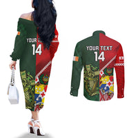 Custom Tonga And Ireland Rugby Couples Matching Off The Shoulder Long Sleeve Dress and Long Sleeve Button Shirt Ikale Tahi With Shamrocks LT14 - Polynesian Pride