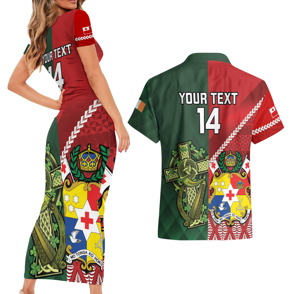 Custom Tonga And Ireland Rugby Couples Matching Short Sleeve Bodycon Dress and Hawaiian Shirt Ikale Tahi With Shamrocks LT14 - Polynesian Pride
