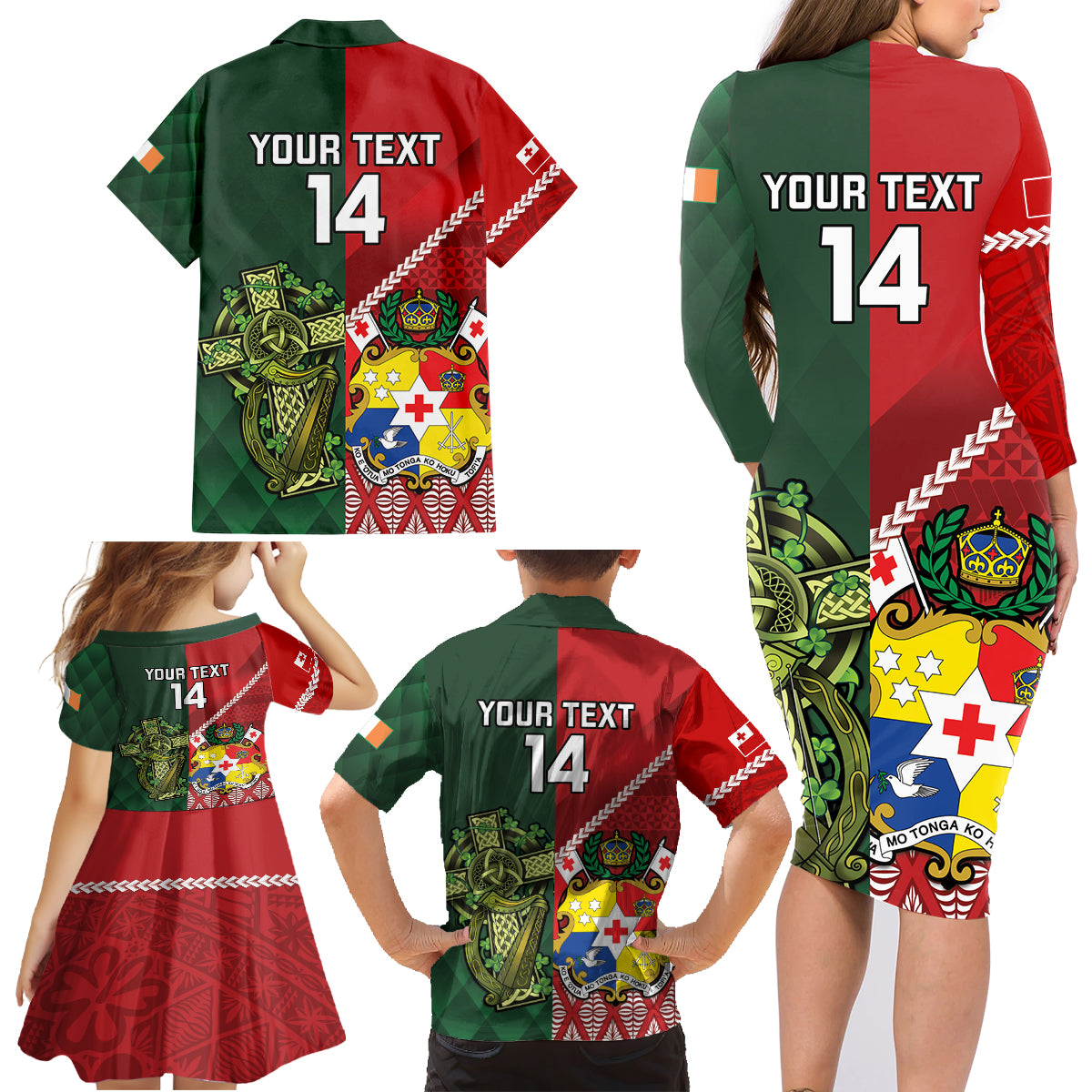 Custom Tonga And Ireland Rugby Family Matching Long Sleeve Bodycon Dress and Hawaiian Shirt Ikale Tahi With Shamrocks LT14 - Polynesian Pride
