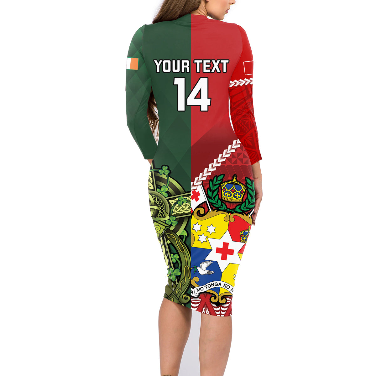 Custom Tonga And Ireland Rugby Family Matching Long Sleeve Bodycon Dress and Hawaiian Shirt Ikale Tahi With Shamrocks LT14 - Polynesian Pride