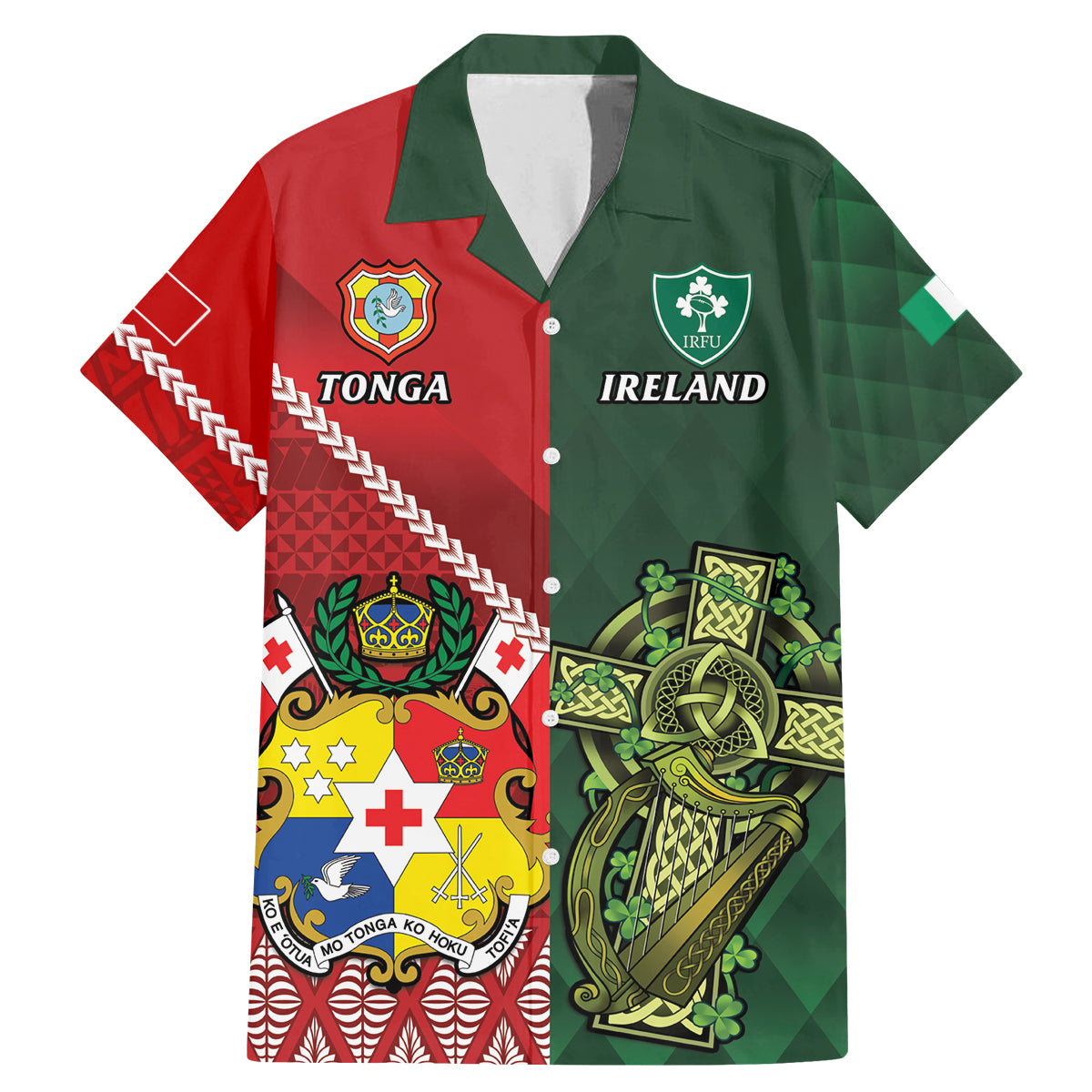 Custom Tonga And Ireland Rugby Family Matching Mermaid Dress and Hawaiian Shirt Ikale Tahi With Shamrocks LT14 Dad's Shirt - Short Sleeve Red - Polynesian Pride