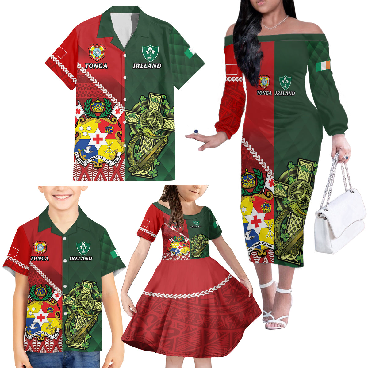 Custom Tonga And Ireland Rugby Family Matching Off The Shoulder Long Sleeve Dress and Hawaiian Shirt Ikale Tahi With Shamrocks LT14 - Polynesian Pride