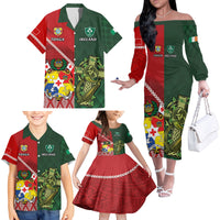 Custom Tonga And Ireland Rugby Family Matching Off The Shoulder Long Sleeve Dress and Hawaiian Shirt Ikale Tahi With Shamrocks LT14 - Polynesian Pride